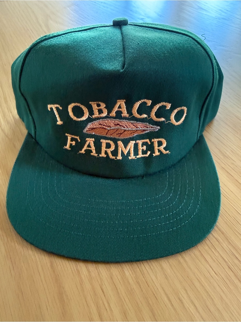 Vintage Tobacco Farmer Green Snapback Hat with Tan Embroidered Leaf